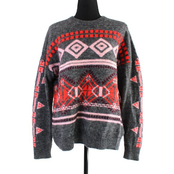 J. Crew Sweaters - J. Crew Grey Fair Isle Pink Burgundy Nordic Sweater XL Geometric Design Pullover